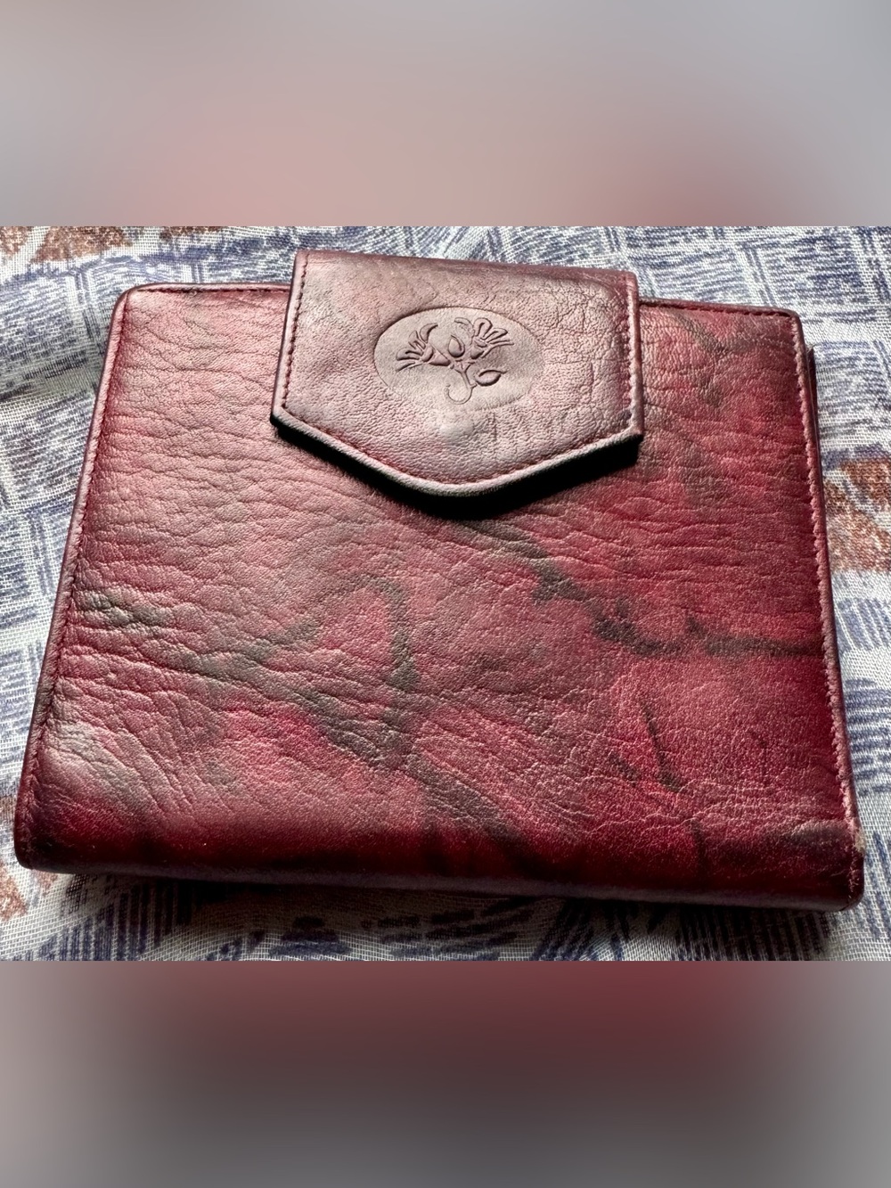 Buxton Burgundy Leather Wallet with Embossed Floral Flap